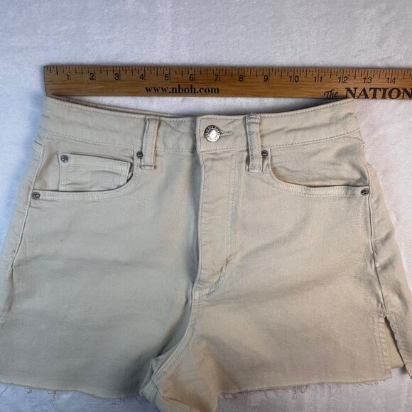 WeworeWhat High-Waisted Beige Denim Shorts Frayed Hem Slit Detail Sz 25 - Picture 2 of 8